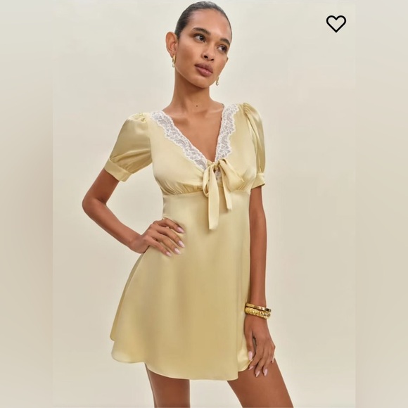 New Reformation Avin Silk Mini Dress Blonde - Picture 4 of 16